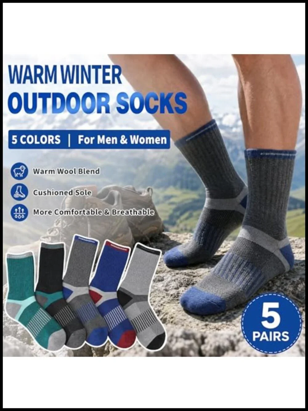 Merino Wool Hiking Socks 5 Pairs Thermal Cushioned Moisture Wicking Women Men